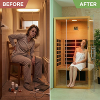 1 Person Extendable FAR Infrared Sauna for Home, Hemlock Wood Low EMF 6 Carbon Heaters Indoor Saunas with LED Lights, Bluetooth Speaker, Digital Control Panel, and Seating Bench — Before & After