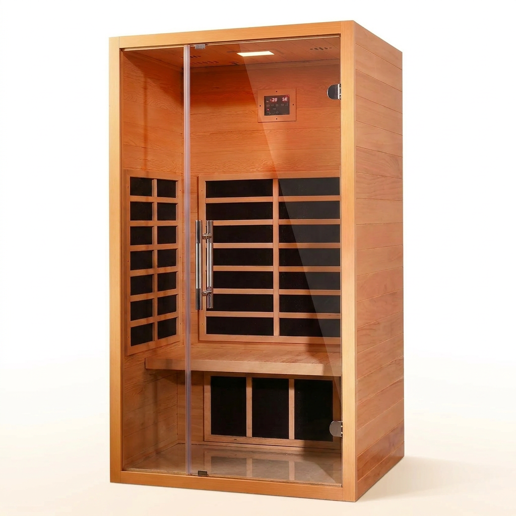 1 Person Extendable FAR Infrared Sauna for Home, Hemlock Wood Low EMF 6 Carbon Heaters Indoor Saunas with LED Lights, Bluetooth Speaker, Digital Control Panel, and Seating Bench — Studio Shot