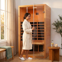 1 Person Extendable FAR Infrared Sauna for Home, Hemlock Wood Low EMF 6 Carbon Heaters Indoor Saunas with LED Lights, Bluetooth Speaker, Digital Control Panel, and Seating Bench — Lifestyle