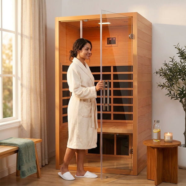 FAR Infrared Sauna Designed for Home Wellness, Hemlock Wood Construction, 6 Carbon Heaters, LED Lights