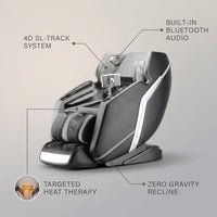 4D Deluxe Gray and Black Zero Gravity and Space Saving Faux Leather Heated Massage Chair with Sl-Track and Bluetooth — infographic