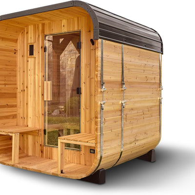 Backyard Discovery Lennon 2-4 Person Traditional Cedar Outdoor Cube Sauna with Porch, Electric Sauna Heater, Sauna Rocks, Dry Heat, Steam Sauna, LED Lights, Wi-Fi Control, Sauna Accessories
